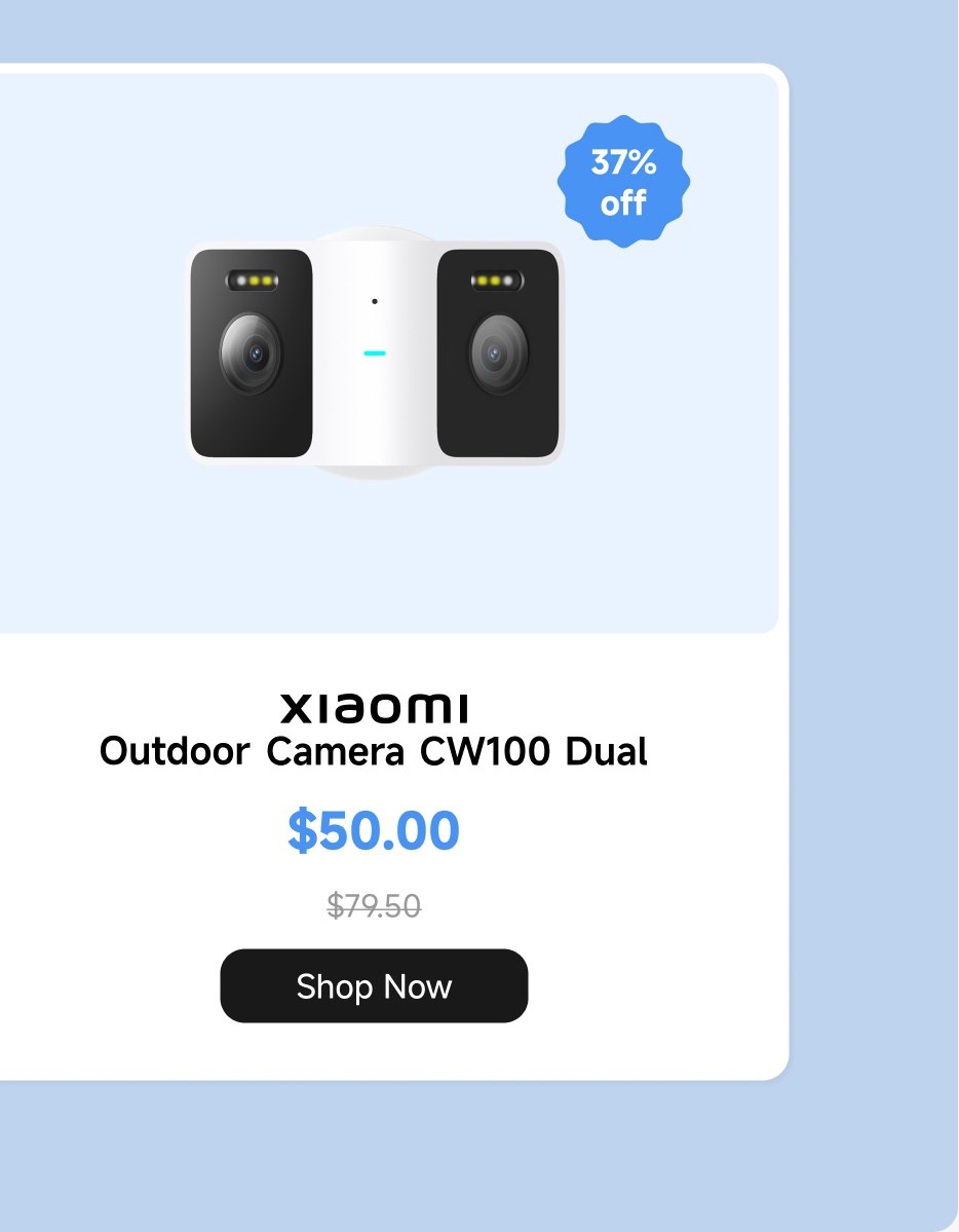 Xiaomi Outdoor Camera CW100 Dual is on sale for $50, originally priced at $79.50, offering a 37% discount. There’s also a promotion for a free gift with your purchase.