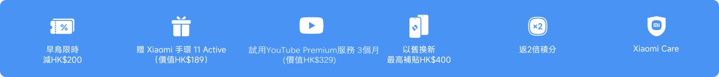 優惠資訊包括:
- 早鳥限時減HK$200
- 贈送Xiaomi手環11 Active(價值HK$189)
- 試用YouTube Premium 3個月
- 以舊換新最高補貼HK$400
- 返2倍積分
- Xiaomi Care服務