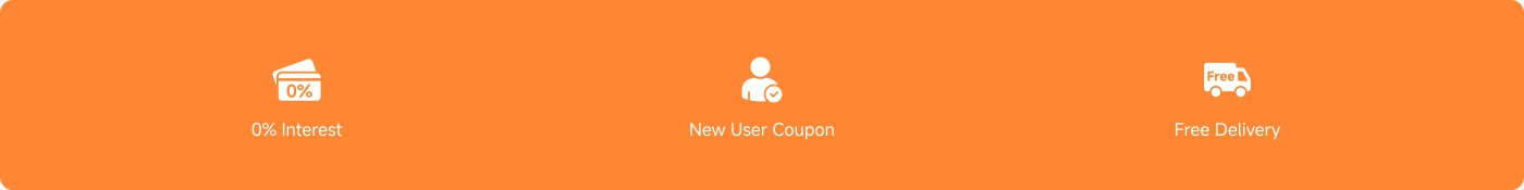 Hình ảnh có ba biểu tượng quảng cáo với văn bản trên nền cam:
1. "Lãi suất 0%" với biểu tượng thẻ tín dụng.
2. "Phiếu giảm giá cho người dùng mới" với biểu tượng người dùng.
3. "Giao hàng miễn phí" với biểu tượng xe giao hàng.
Những yếu tố này nổi bật các ưu đãi cho khách hàng.