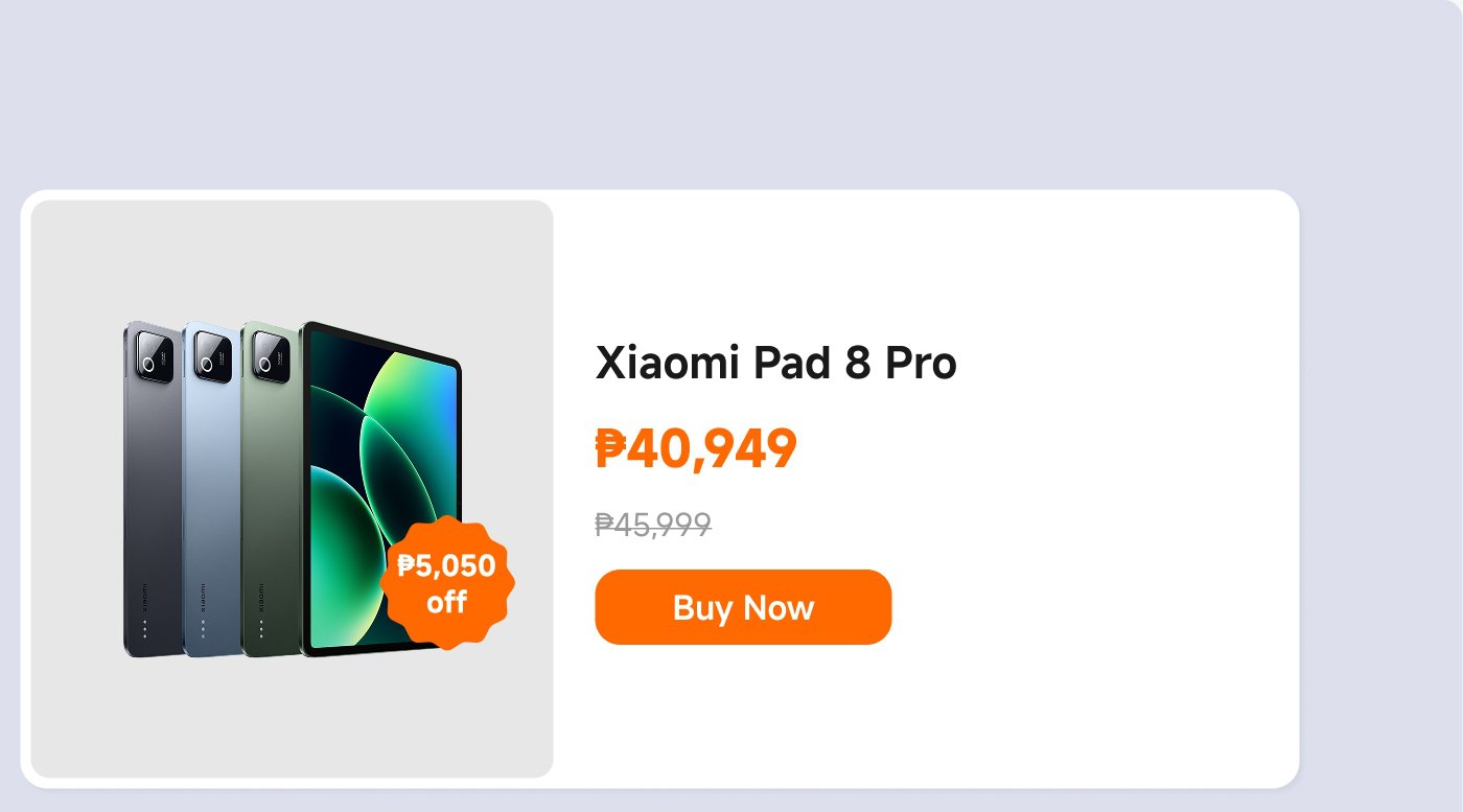 Xiaomi Pad 8 Pro is being offered at a discounted price of ₱40,949, down from ₱45,999, with a savings of ₱5,050. The image features the tablet alongside three color options. There's a "Buy Now" button for purchasing.