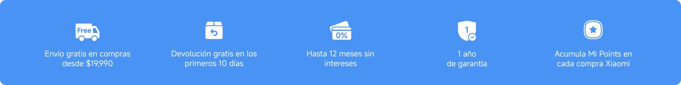 Ofrece envíos gratis en compras desde $19,990, devoluciones gratuitas en los primeros 10 días, financiación de hasta 12 meses sin intereses, un año de garantía y acumulación de Mi Points en cada compra de Xiaomi.