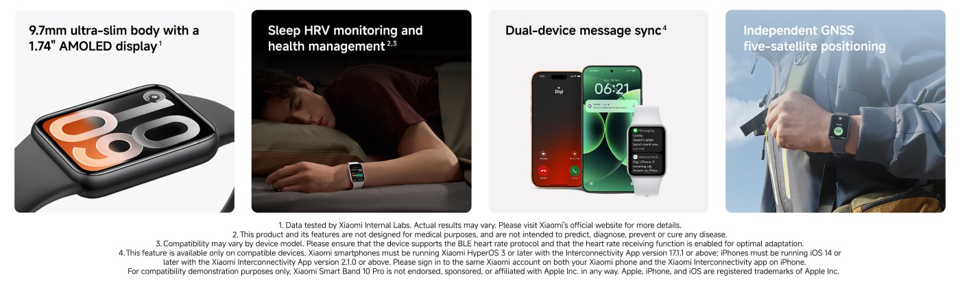 A sleek smartwatch with a 1.74-inch AMOLED display and a 9.7mm ultra-slim body. Features include sleep HRV monitoring, dual-device message sync, and independent GNSS five-satellite positioning for accurate location tracking.