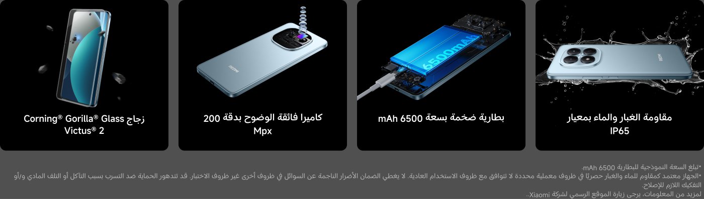 تظهر الصورة ميزات هاتف ذكي، بما في ذلك:
- زجاج كورنينغ غوريلا غلاس فيكتوس 2 للمتانة.
- كاميرا بدقة 200 ميجابكسل للتصوير عالي الدقة.
- بطارية سعة 6500 مللي أمبير للاستخدام الممتد.
- تصنيف IP65 لمقاومة الماء والغبار.
تشير معلومات إضافية إلى أن أداء البطارية قد يختلف تحت ظروف معينة وأن مقاومة الماء للجهاز مضمونة فقط في سيناريوهات معينة.
