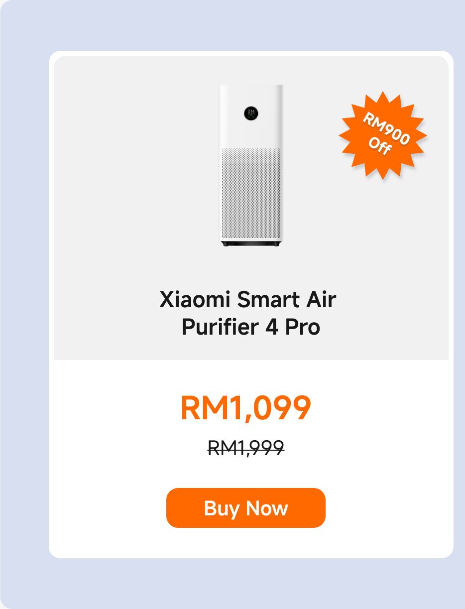 Xiaomi Smart Air Purifier 4 Pro is priced at RM1,099, discounted from RM1,999, with a savings of RM900. A "Buy Now" button is prominently featured.