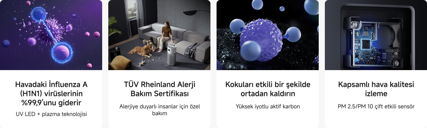 Modern bir oturma odası sahnesi, yerde bir kadın ve bir çocuğun bir köpekle oynadığı, yakınlarda bir hava temizleyici yerleştirilmiş. Arka planda bir kanepe ve perdeler bulunmakta olup, sıcak bir iç mekan ortamı önerilmektedir. Görüntü ayrıca hava arıtma özellikleri ve sertifikaları hakkında teknik detaylar içermektedir.