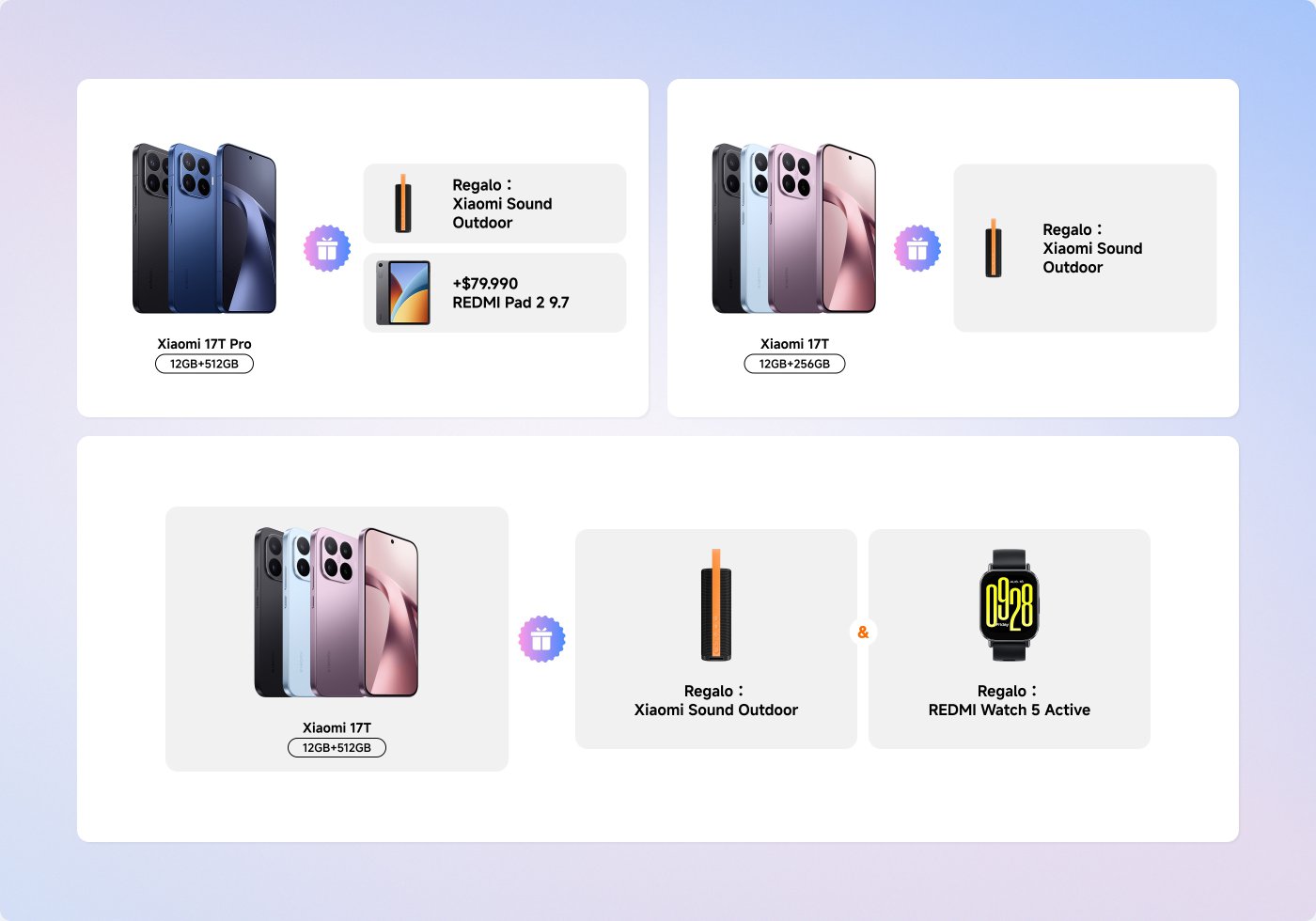 Pantalla promocional que presenta smartphones Xiaomi con varias configuraciones. El Xiaomi 17T Pro incluye como regalo un altavoz portátil Xiaomi Sound y una opción para un REDMI Pad 2 de 9.7 por un costo adicional. Los modelos Xiaomi 17T también vienen con el mismo regalo del altavoz portátil. Un paquete ofrece tanto el altavoz como un REDMI Watch 5 Active.