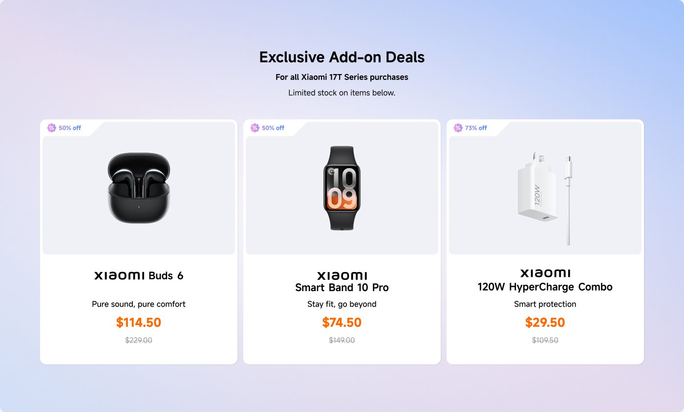 Exclusive add-on deals for Xiaomi 17T Series purchases include:
1. **Xiaomi Buds 6**: $114.50 (originally $229), 50% off.
2. **Xiaomi Smart Band 10 Pro**: $74.50 (originally $149), 50% off.
3. **Xiaomi 120W HyperCharge Combo**: $29.50 (originally $109.50), 73% off.
Limited stock available.