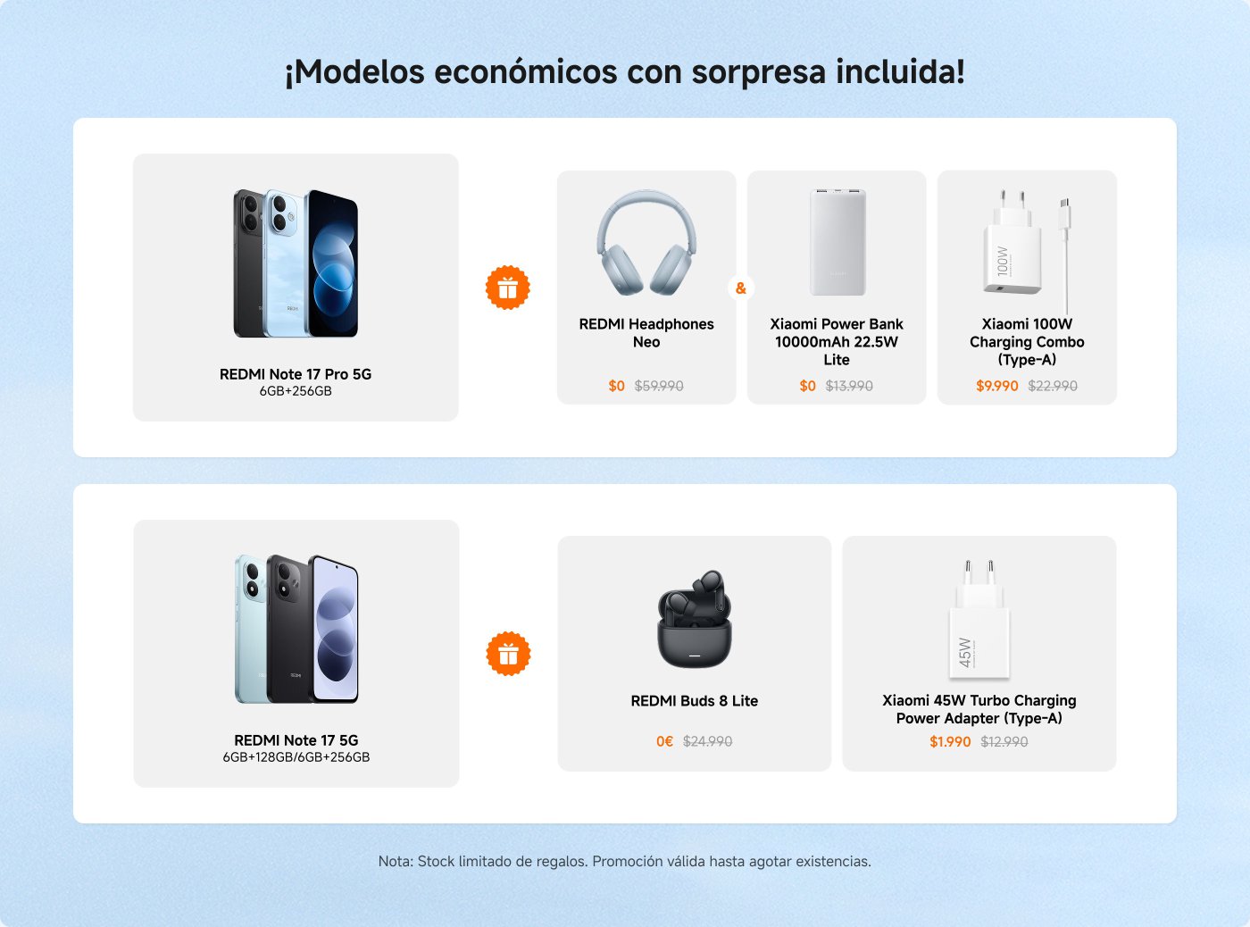 Una promoción de modelos económicos de teléfonos REDMI, que incluye sorpresas. En la parte superior, se destacan el REDMI Note 17 Pro 5G y accesorios como los REDMI Headphones Neo y un Power Bank. En la parte inferior, se presenta el REDMI Note 17 5G con los REDMI Buds 8 Lite y un cargador. Se menciona que la promoción es válida hasta agotar existencias.