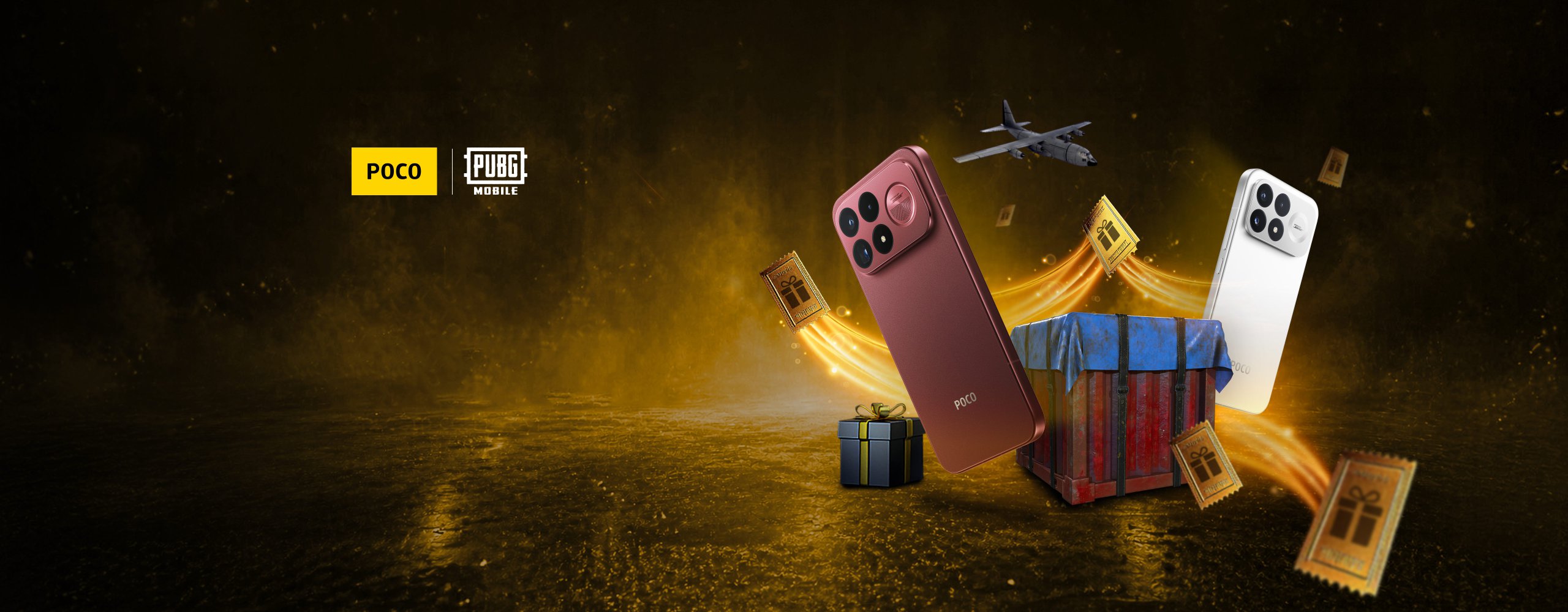 POCO ve PUBG Mobile iş birliğiyle gerçekleştirilen tanıtım etkinliği, oyun temalı bir arka planda iki akıllı telefonu sergiledi. Etkinlik tarihi 8-10 Mayıs olup, kullanıcıları mi.com'da canlı yayına katılarak ödüller kazanmak için davet ediyor. Görselde ayrıca karakterler, hediye kutuları ve oyun kaynakları da yer alıyor.