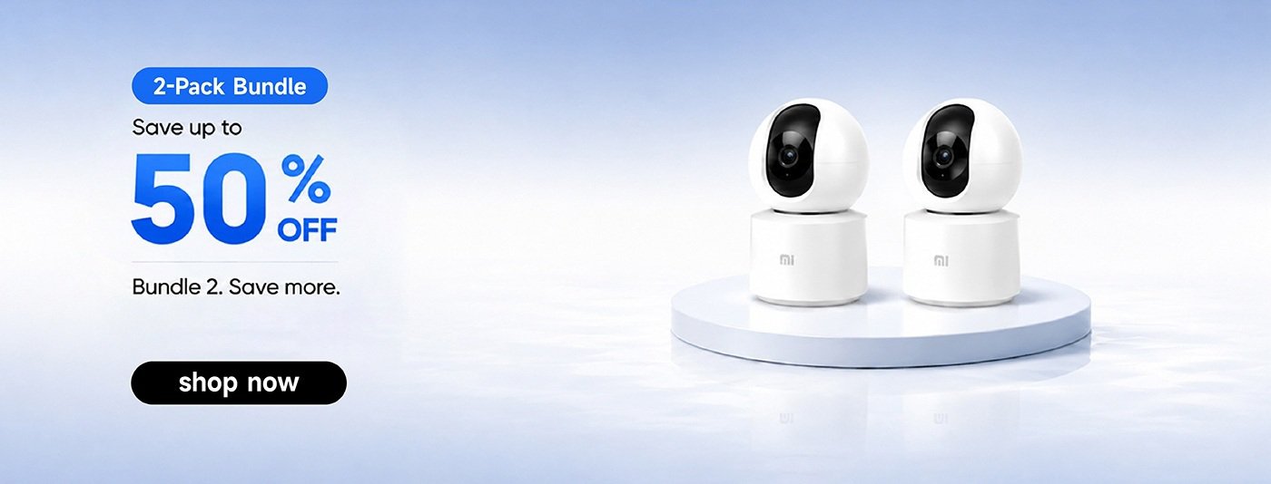 A promotional image featuring a 2-pack bundle of security cameras. The design includes a blue background with text highlighting a 50% discount and encouraging viewers to shop now. The cameras are displayed on a circular platform.