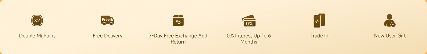The image displays six icons and texts for services and offers, including: "Double Rice Points", "Free Delivery", "7 Days Free Exchange and Returns", "6 Months 0% Interest", "Trade-In", and "New User Gift".