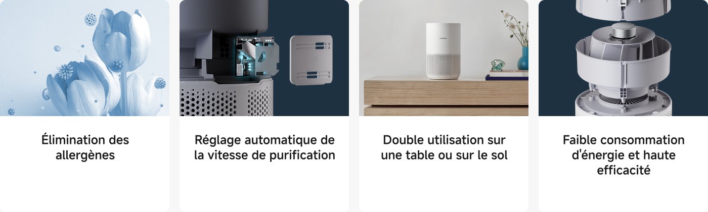 L'image fournit plusieurs informations sur un purificateur d'air. Elle mentionne l'élimination des allergènes, le réglage automatique de la vitesse de purification, la possibilité d'une double utilisation sur une table ou au sol, et une faible consommation d'énergie avec une haute efficacité.