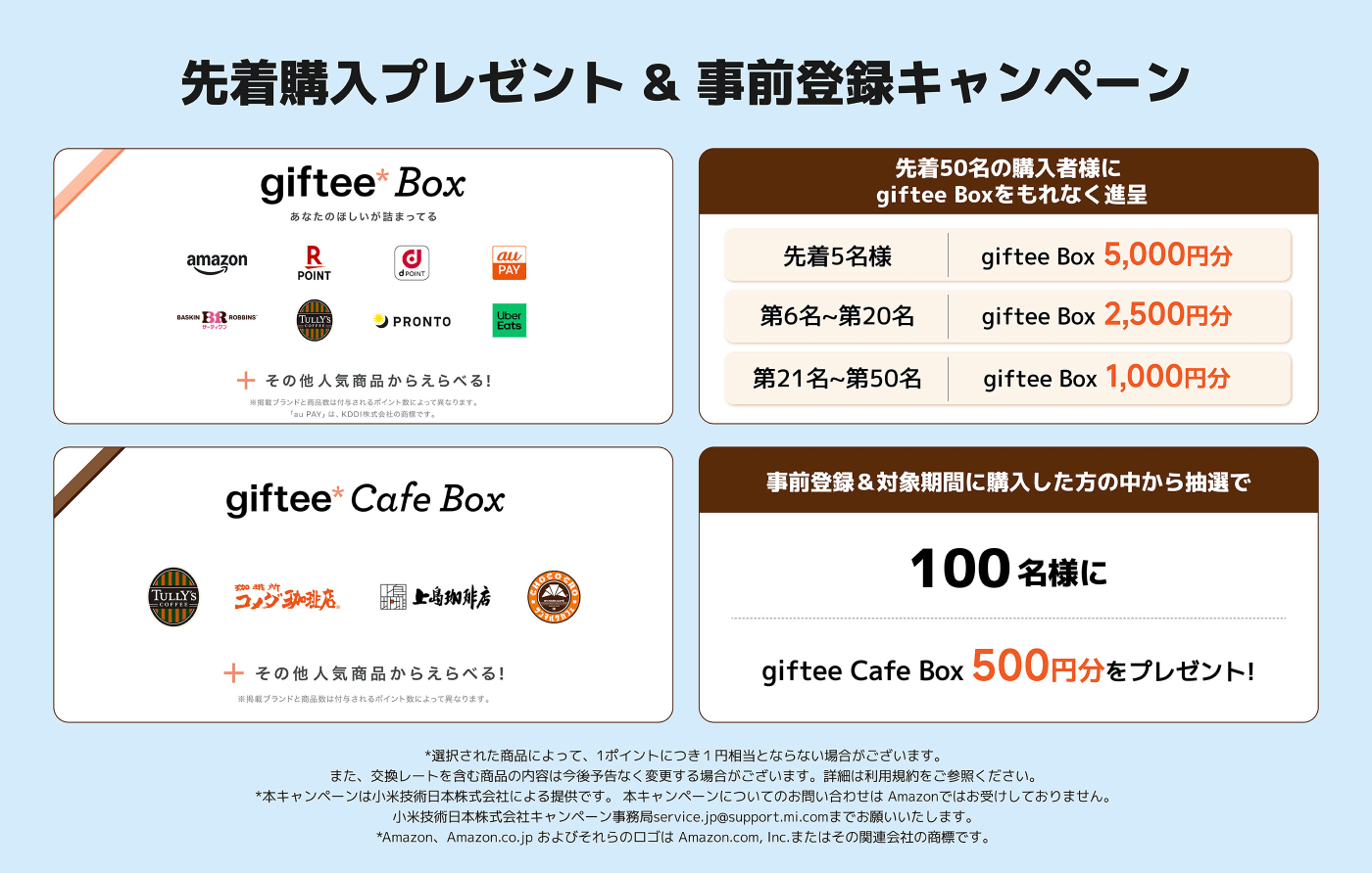 先着購入プレゼントと事前登録キャンペーンの案内。最初の50名に対し、異なる金額のgiftée Boxを提供。先着5名には5,000円分、6〜20名には2,500円分、21〜50名には1,000円分をプレゼント。事前登録と対象期間中の購入者の中から100名にgiftée Cafe Boxの500円分も抽選でプレゼント。