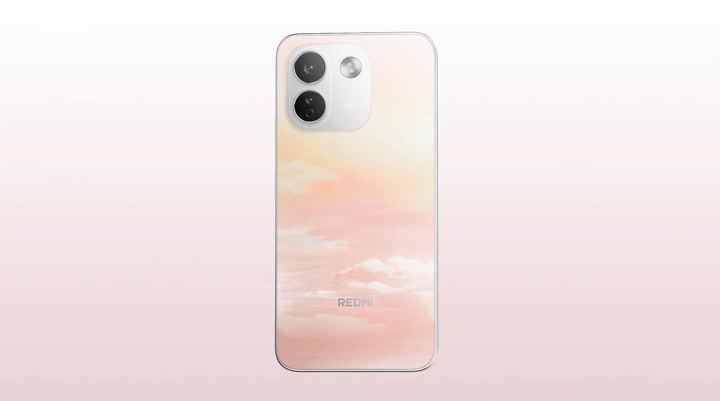 A smartphone's back is displayed, featuring a design with clouds and gradient colors, and the word "REDMI" at the bottom.