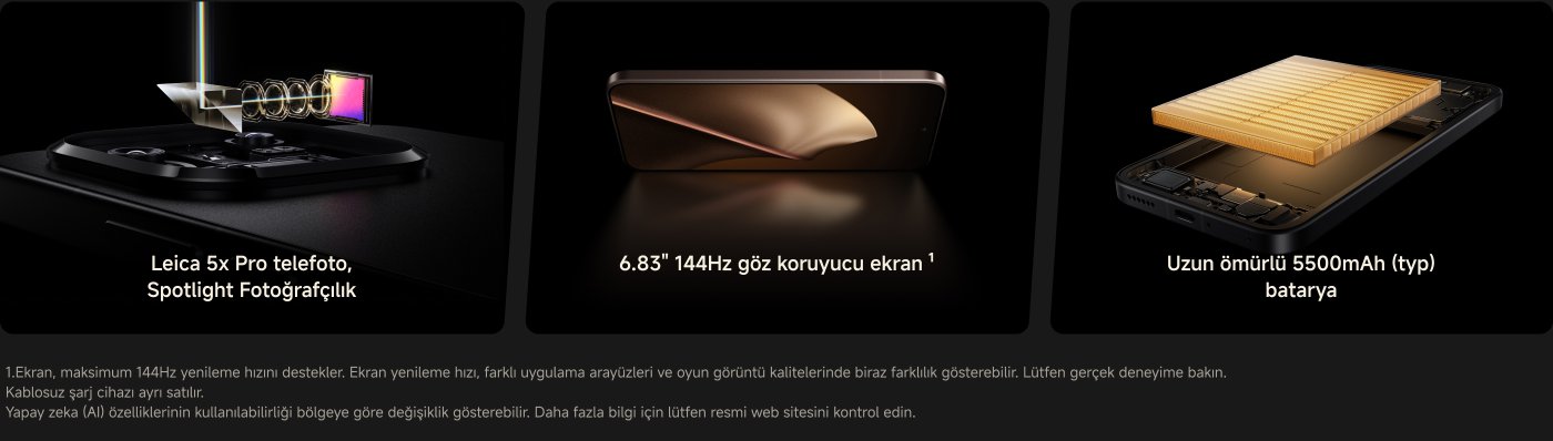 Bu resim, Leica 5x Pro telefoto lensi, 6.83 inç 144Hz göz koruma ekranı ve 5500mAh batarya dahil olmak üzere bir telefonun özelliklerini göstermektedir. Metin içeriği, ekran yenileme hızı ve batarya ömrünü detaylı bir şekilde açıklamakta, cihazın yüksek performansını ve farklı uygulamalarla uyumluluğunu vurgulamaktadır.