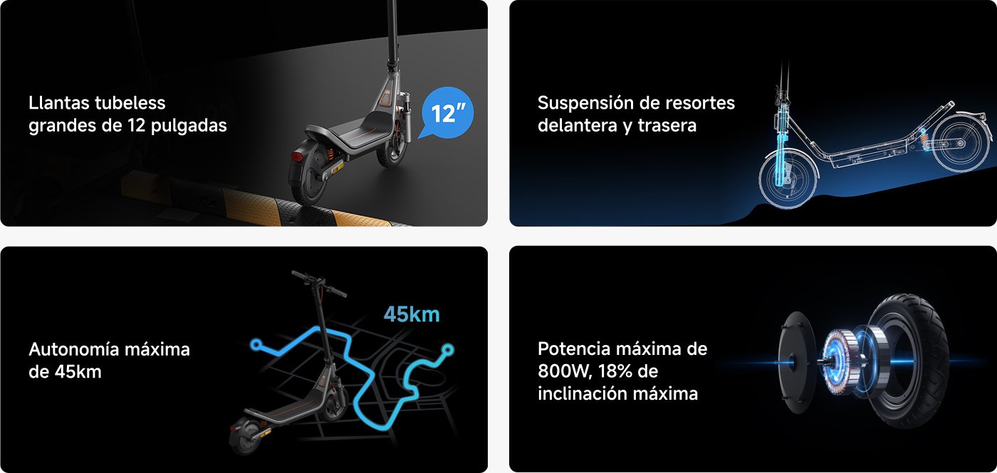 Esta imagen presenta un diseño de cuatro paneles que destaca las especificaciones de un scooter eléctrico. Los puntos clave incluyen:
1. **Neumáticos**: Neumáticos sin cámara de 12 pulgadas para un mejor rendimiento.
2. **Suspensión**: Suspensión de muelle delantera y trasera para un viaje más suave.
3. **Autonomía**: Autonomía máxima de 45 km para viajes prolongados.
4. **Potencia**: Potencia máxima de 800W, capaz de manejar una inclinación máxima del 18%.