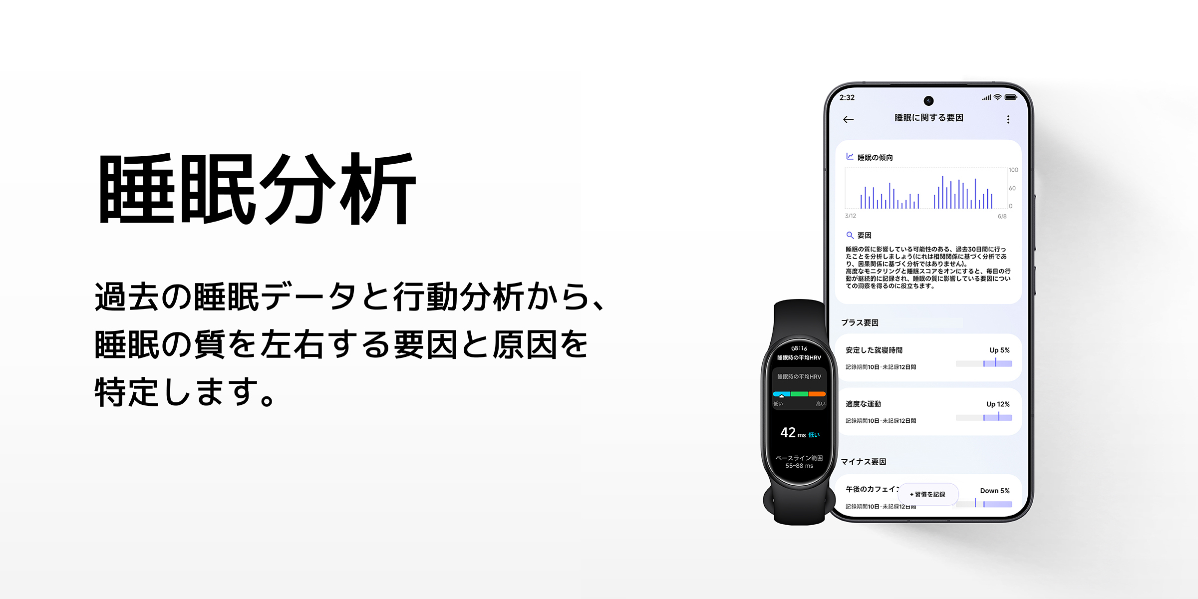 睡眠分析機能は、過去の睡眠データと活動分析を表示し、睡眠の質に影響を与える要因や原因を特定するのに役立ちます。インターフェースにはグラフと関連データが含まれ、睡眠時間、静かな時間、活動状況に関する統計情報を提供します。