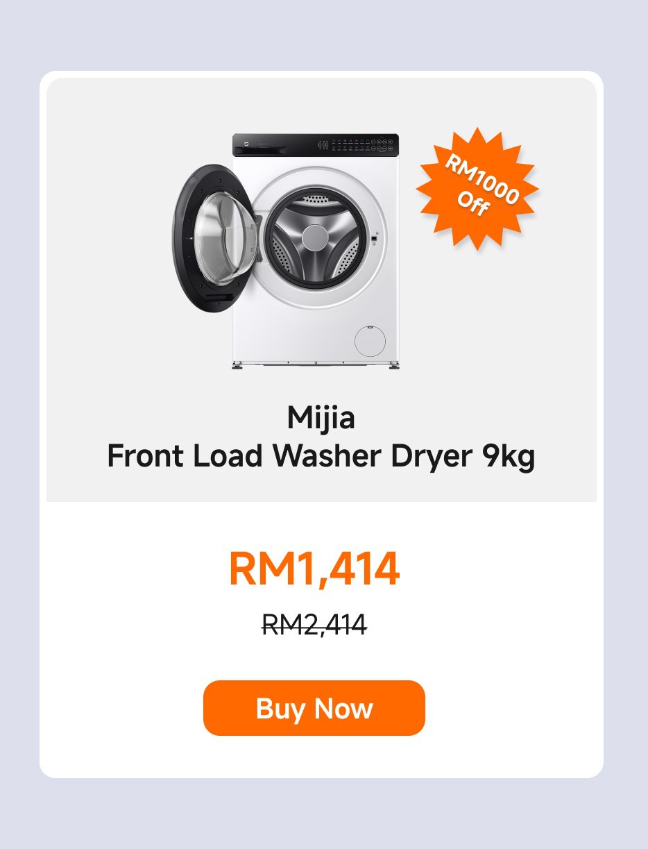 This is an advertisement for the Mijia 9kg front-loading washing machine and dryer, with a current price of RM1,414, a original price of RM2,414, showing a discount of RM1,000. There is a "Buy Now" button below.