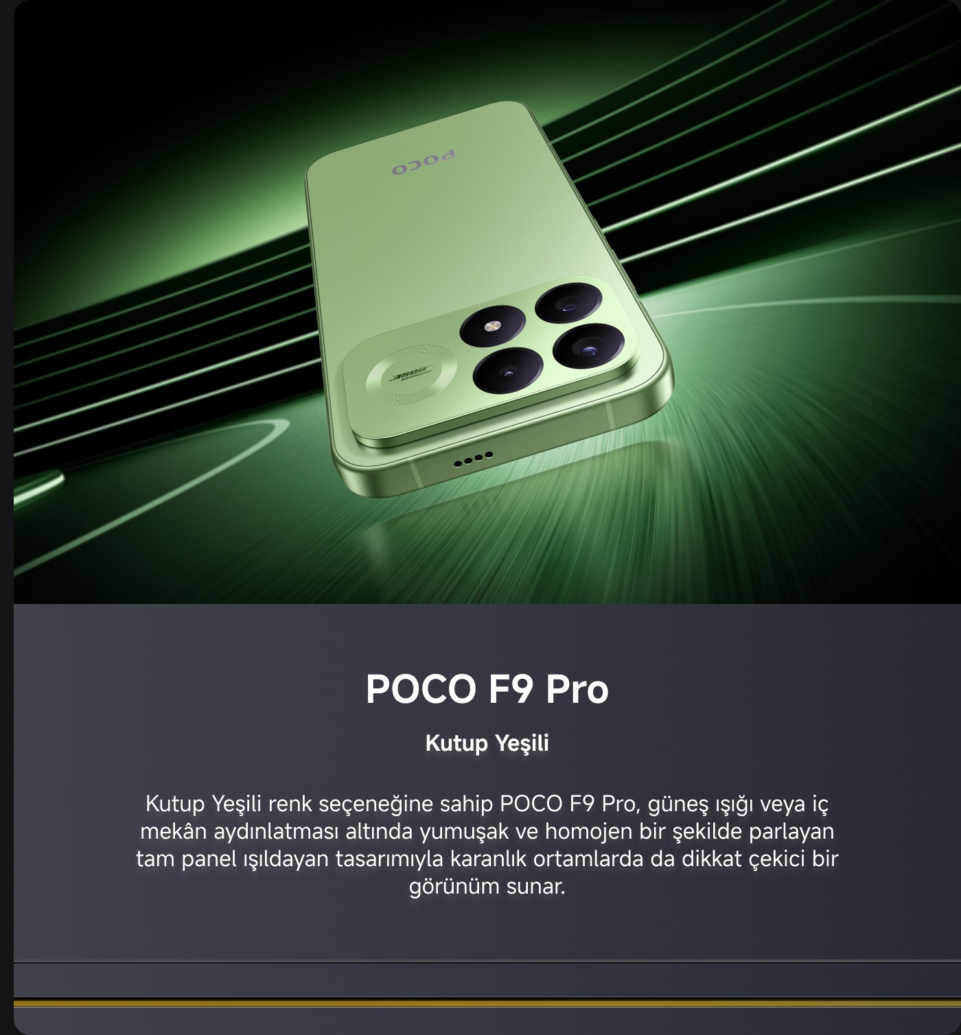 POCO F9 Pro telefonun sergilenmesi, rengi Aurora Green. Telefon, ışık altında yumuşak ve eşit şekilde ışığı yansıtır, tasarımı göz alıcıdır ve çeşitli ortamlara uygundur.