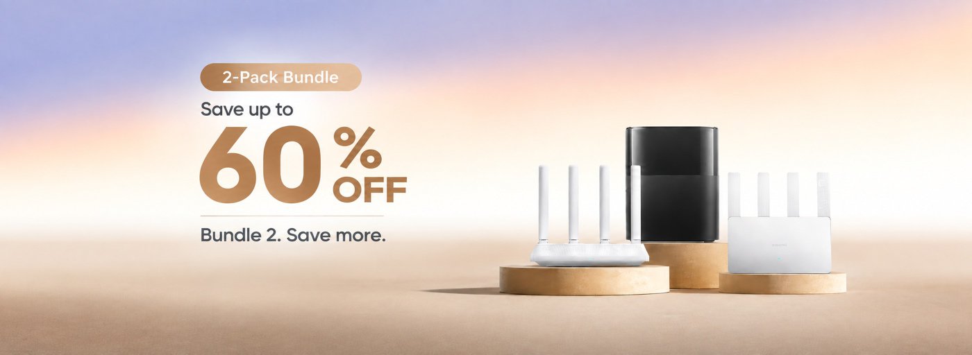 A promotional image showcasing a 2-pack bundle of routers. The text highlights a savings offer of up to 60% off, with a call to action to save more by purchasing the bundle. The background features a gradient of soft colours, enhancing the product display.