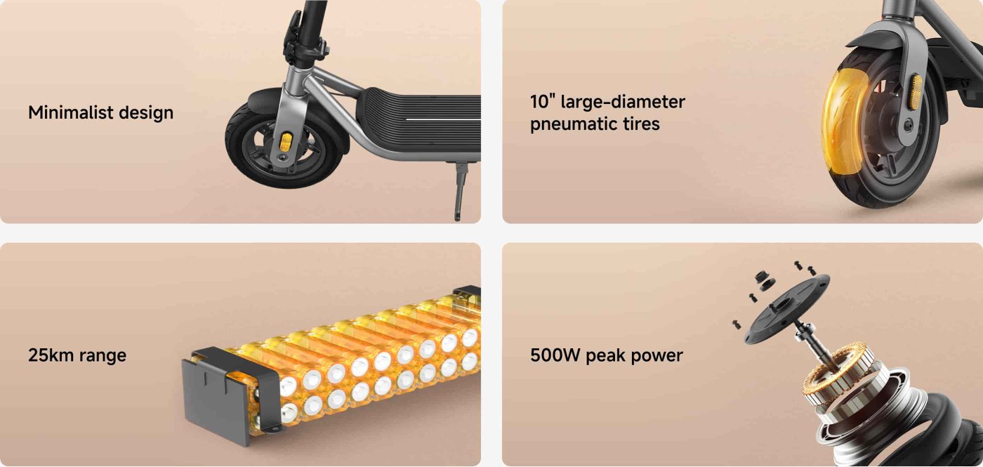 The image showcases features of an electric scooter, highlighting its minimalist design, 10-inch large-diameter pneumatic tires, a range of 25 km, and a peak power of 500W. Each feature is visually represented with corresponding graphics.