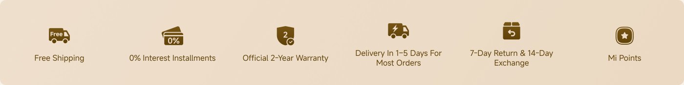 The image displays a series of customer service features, including:
- Free Shipping
- Delivery in 1-5 Days for Most Orders
- 0% Interest Installments
- Official 2-Year Warranty
- 7-Day Return & 14-Day Exchange
Each feature is highlighted in a blue box.