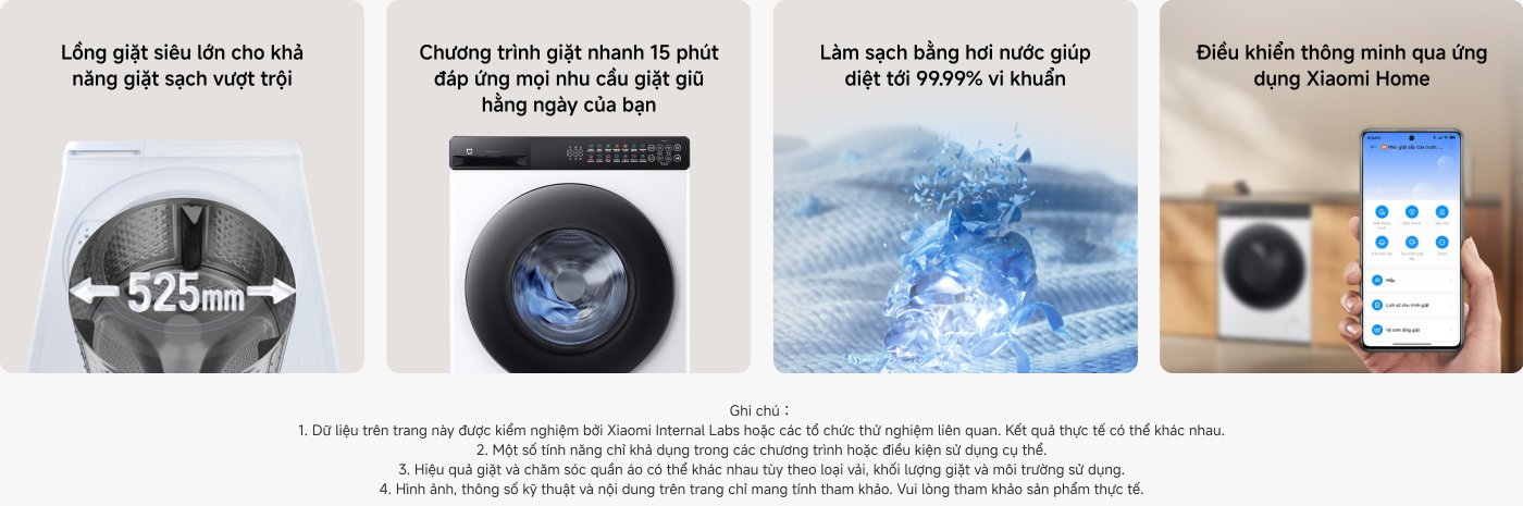 Washing machine with super large capacity and outstanding cleaning ability. The 15-minute quick wash program meets daily washing needs. Steam cleaning helps eliminate up to 99.99% of bacteria. Can be controlled through the Xiaomi Home app.