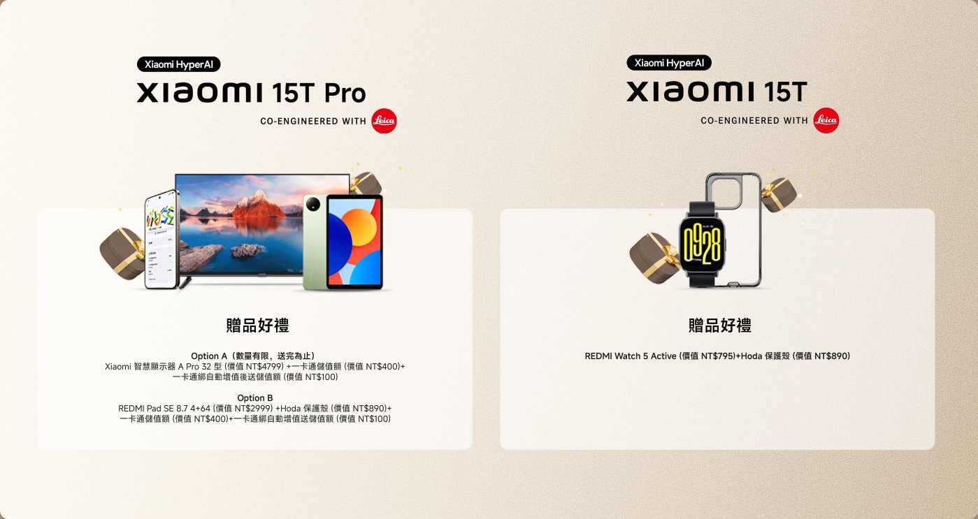 小米15T Pro和15T的產品展示,包含贈品信息。15T Pro配備32寸智能顯示器和其他配件;15T包含REDMI Watch 5 Active和保護殼,均有特別贈品。