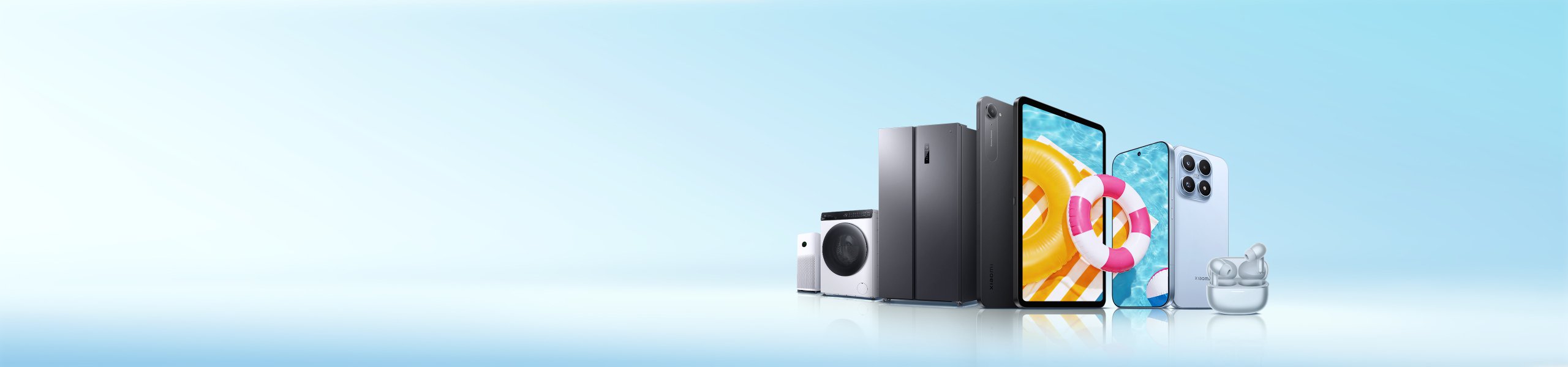 A display of modern household appliances, including a washing machine, refrigerator, air purifier, smart robotic vacuum cleaner, and air fryer, with a background of soft gradient colors.