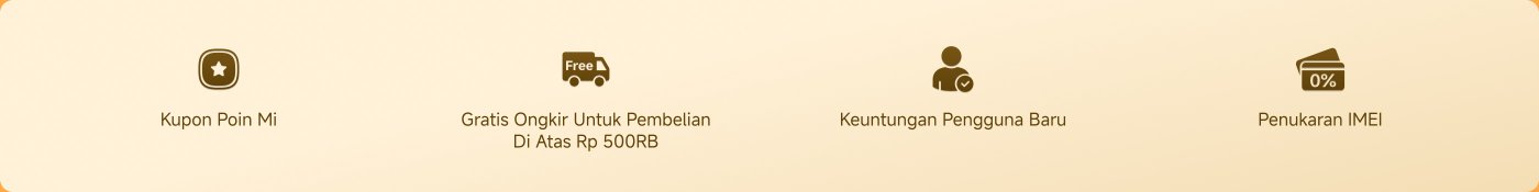 Gambar yang berisi beberapa informasi promosi, termasuk: kupon poin, penukaran IMEI, pengiriman gratis untuk pembelanjaan di atas 500.000 rupiah Indonesia, dan diskon untuk pengguna baru.