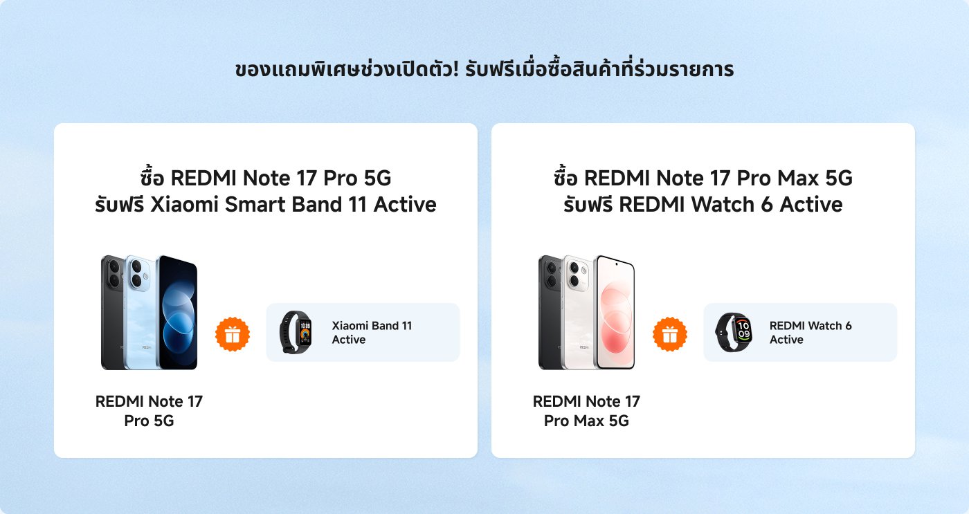 โฆษณาส่งเสริมการขายแสดงข้อเสนอในการซื้อโทรศัพท์มือถือสองรุ่น ซื้อ REDMI Note 17 Pro 5G จะได้รับ Xiaomi Smart Band 11 เป็นของขวัญ ซื้อ REDMI Note 17 Pro Max 5G จะได้รับ REDMI Watch 6 Active เป็นของขวัญ การออกแบบโดยรวมสดชื่น พื้นหลังเป็นสีน้ำเงินอ่อน