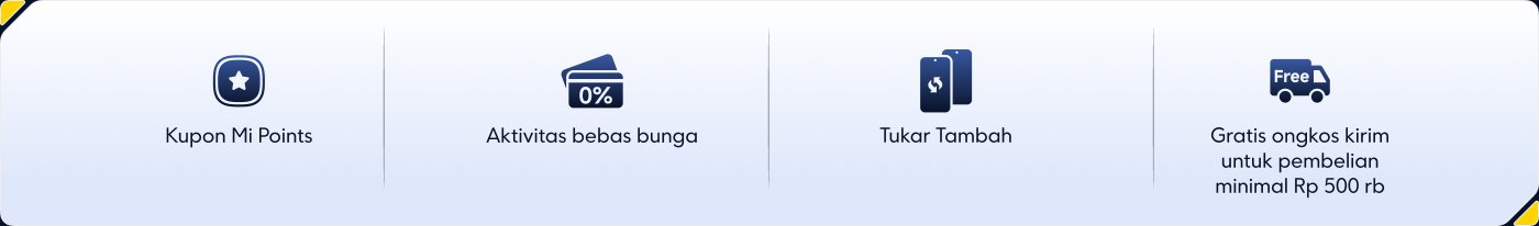 Gambar promosi yang berisi empat informasi penawaran, termasuk: 1. Penukaran IMEI; 2. Pengiriman gratis untuk pembelian di atas 500.000 rupiah; 3. Kupon Mi Points; 4. Kupon untuk pengguna baru.