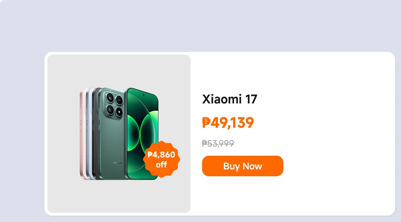 A promotional image for the Xiaomi 17 smartphone, priced at ₱49,139, originally ₱53,999, with a discount of ₱4,860. The "Buy Now" button is prominently displayed, encouraging immediate purchase. The phone is shown from multiple angles in various colors.