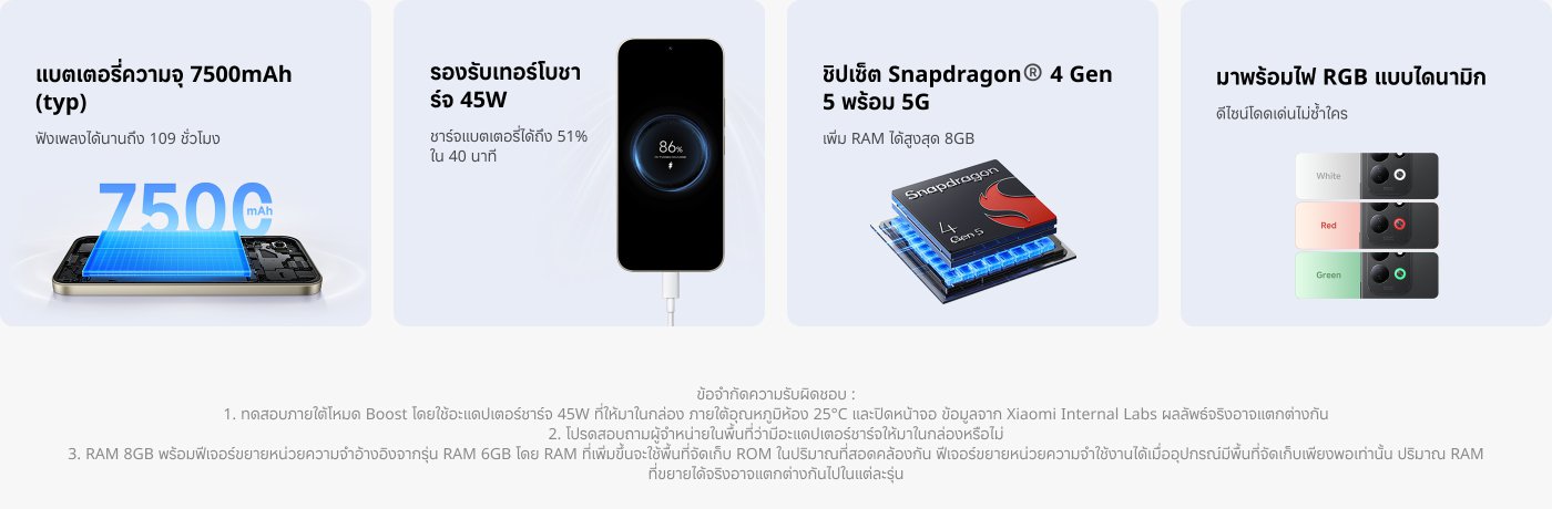 ภาพแสดงคุณสมบัติของสมาร์ทโฟน รวมถึง:
- แบตเตอรี่ขนาด 7500mAh ที่ให้เวลาการเล่นสูงสุดถึง 109 ชั่วโมง
- รองรับการชาร์จเร็ว 45W สามารถชาร์จถึง 51% ในเวลา 40 นาที
- มาพร้อมกับชิปเซ็ต Snapdragon® 4 Gen 5 โดยมี RAM สูงสุด 8GB
- มีไฟบรรยากาศ RGB ที่มีให้เลือกในตัวเลือกสีขาว แดง และเขียว