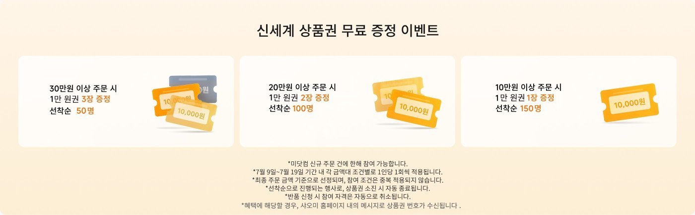 신세계 상품권 무료 증정 이벤트 안내.
- 30만 원 이상 주문 시: 1만 원권 3장 증정 (선착순 50명)
- 20만 원 이상 주문 시: 1만 원권 2장 증정 (선착순 100명)
- 10만 원 이상 주문 시: 1만 원권 1장 증정 (선착순 150명)
**참여 조건**:
- 미달참 신규 주문 건에 한해 참여 가능.
- 7월 9일부터 7월 19일 기간 내 각 금액대 조건별로 1인당 1회 적용.
- 선착순으로 진행되며, 상품권 소진 시 자동 종료.