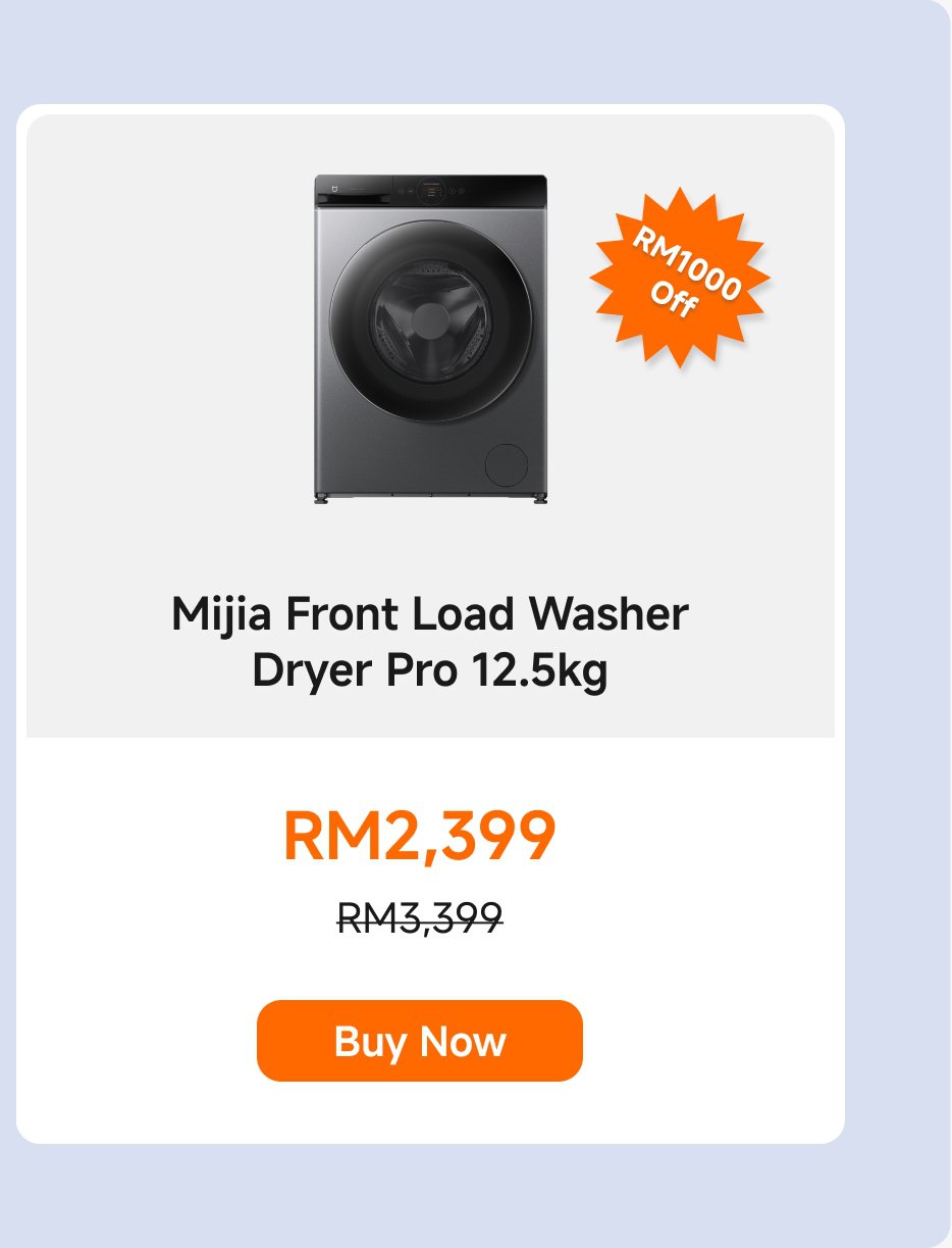 Mijia Front-Loading Washer Dryer Pro, 12.5 kg, now priced at RM2,399, original price RM3,399, discount RM1,000. Click "Buy Now".