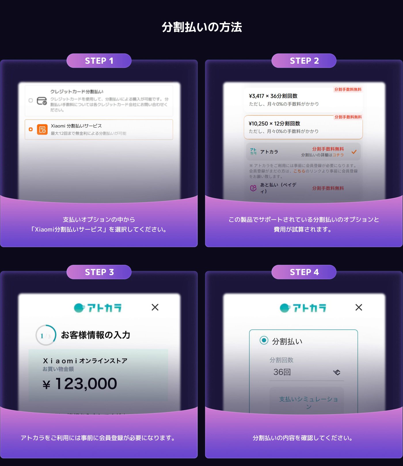 分割払い方法のステップの説明は、4つのステップを含みます。ステップ1:「Xiaomi分割払いサービス」を選択します。ステップ2:分割払いの金額と回数を確認します。ステップ3:顧客情報と購入金額を入力します。ステップ4:分割払いの詳細と内容を確認します。