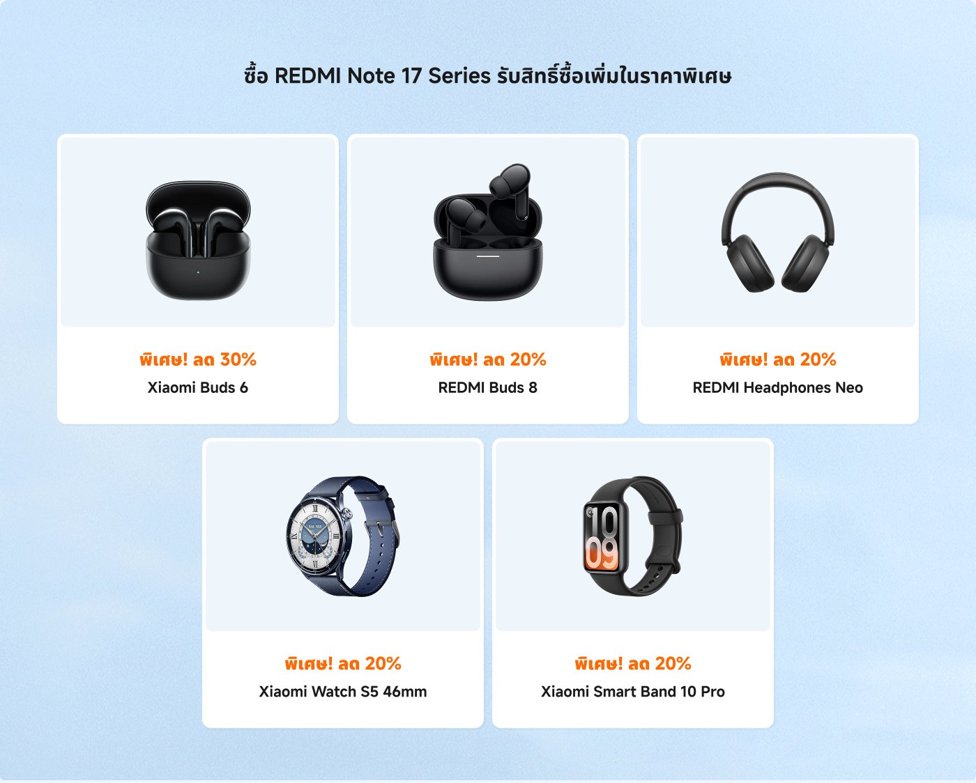 Promotional graphic featuring three identical offers for Xiaomi Buds 5 Pro at a 50% discount. Each offer states that the earbuds can be obtained for €99.99 when purchasing a REDMI Note 15 Pro+ 5G smartphone. The background is light blue, and a "Learn more" button is included for each offer.