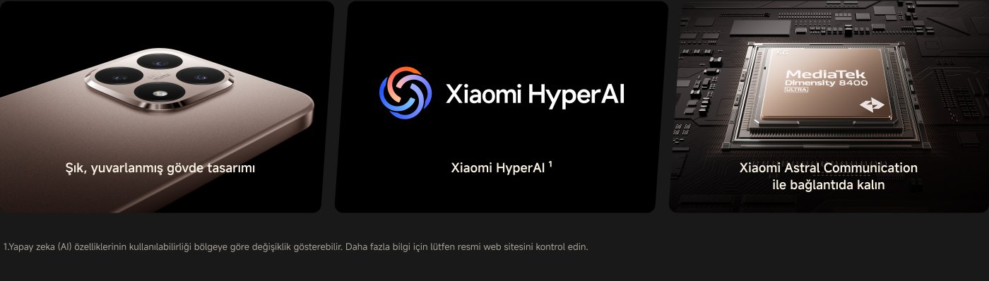Görüntü, Xiaomi telefonunun tasarımını ve teknik özelliklerini gösteriyor, birçok modül içeriyor, bunlar arasında "Xiaomi HyperAI" ve "MediaTek Dimensity 8400" yongası bulunuyor. Metin içeriği, AI işlevleri hakkında ipuçları ve tasarım açıklamaları içeriyor.