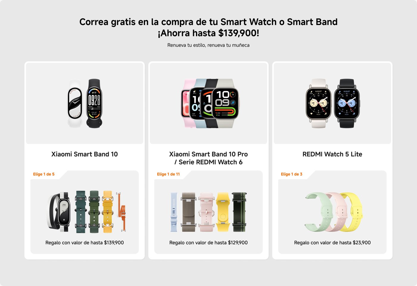 Promoción de compra de Smart Watch o Smart Band de Xiaomi. Incluye correa gratis y ahorra hasta $139,900. Ofrece la Xiaomi Smart Band 10 con opción de 5 correas y la Smart Band 10 Pro/Serie REDMI Watch 6 con opción de 11 correas.