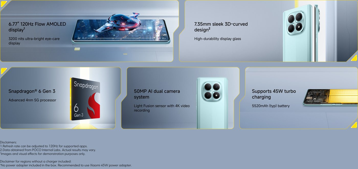 The image highlights the features of a smartphone, including:
- A 6.77" 120Hz Flow AMOLED display with 3200 nits brightness for eye care.
- A sleek 7.35mm 3D-curved design with high-durability glass.
- Snapdragon 6 Gen 3 processor, an advanced 4nm 5G chip.
- A 50MP AI dual camera system with a Light Fusion sensor for 4K video recording.
- Support for 45W turbo charging and a 5520mAh battery.