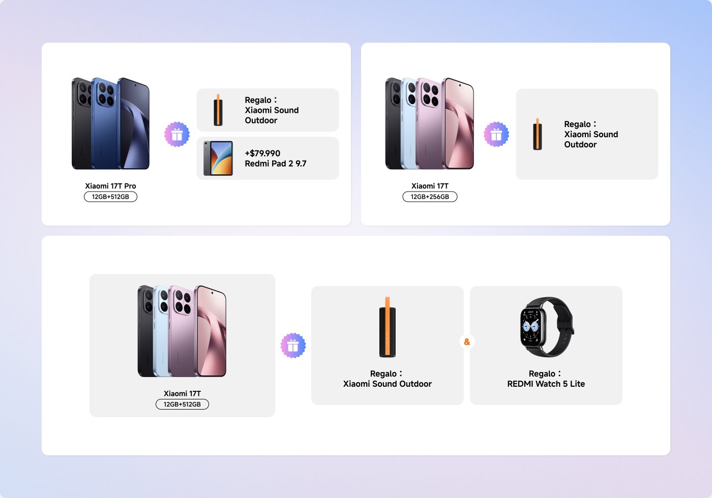 La imagen muestra varios productos de Xiaomi y sus especificaciones, junto con regalos promocionales.
1. **Xiaomi 17T Pro**:
- Almacenamiento: 12GB de RAM + 512GB
- Regalo: Xiaomi Sound Outdoor
- Precio: +$79.990 por Redmi Pad 2 9.7
2. **Xiaomi 17T**:
- Almacenamiento: 12GB de RAM + 256GB
- Regalo: Xiaomi Sound Outdoor
3. Otra configuración de **Xiaomi 17T**:
- Almacenamiento: 12GB de RAM + 512GB
- Regalo: Xiaomi Sound Outdoor y REDMI Watch 5 Lite.
En general, se destacan múltiples opciones y regalos para posibles compradores.
