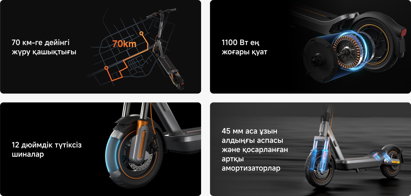 Изображение демонстрирует особенности электрического скейтборда. В верхнем левом углу описаны его 12-дюймовые всепогодные шины и двойная подвеска; в верхнем правом углу представлена мощность двигателя в 1200 ватт, который может разогнаться за 2,4 секунды; в нижнем левом углу упоминается, что запас хода скейтборда составляет 75 километров, а зарядка на 30 километров занимает 1 час; в нижнем правом углу показан стильный дизайн "молния-желтый" и его трехвостковый дисплей.