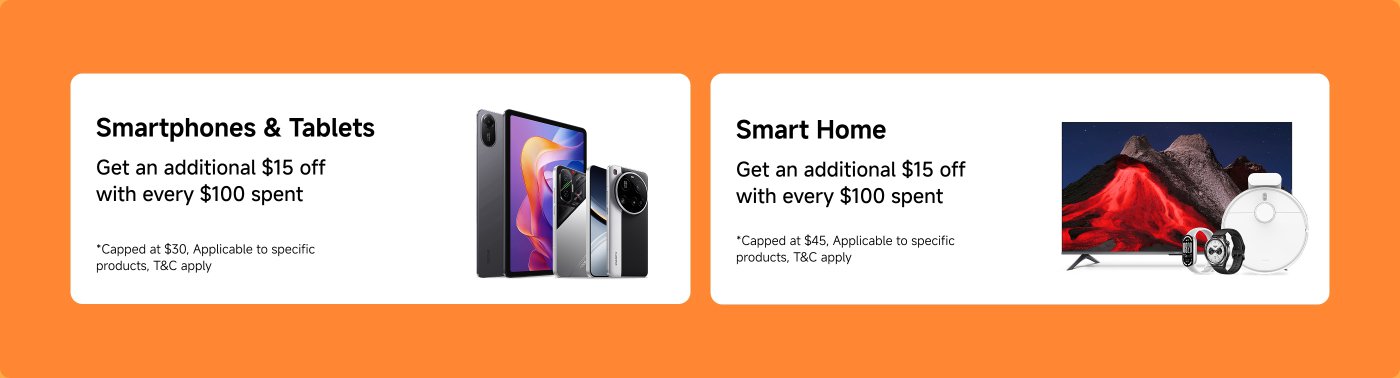 Promotion for smartphones and tablets offers an additional $15 off for every $100 spent, capped at $30. The smart home section has the same offer, capped at $45. Terms and conditions apply for specific products.