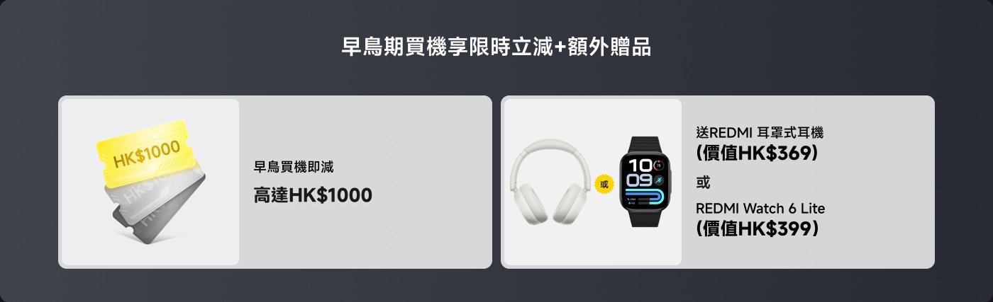 早鳥期購買享優惠,最高可達HK$1000。可選擇贈品:REDMI耳罩式耳機(HK$369)或REDMI Watch 6 Lite(HK$399)。