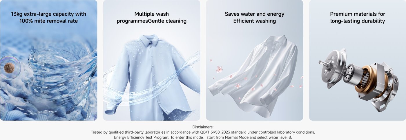 A washing machine and dryer combo with a 180-minute cycle, featuring a dual-line color touchscreen for easy operation. It includes a steam-powered hygiene wash that claims to kill up to 99.99% of bacteria. The device can connect to Xiaomi's home app for remote operation. Disclaimers mention testing conditions and performance variability based on usage.