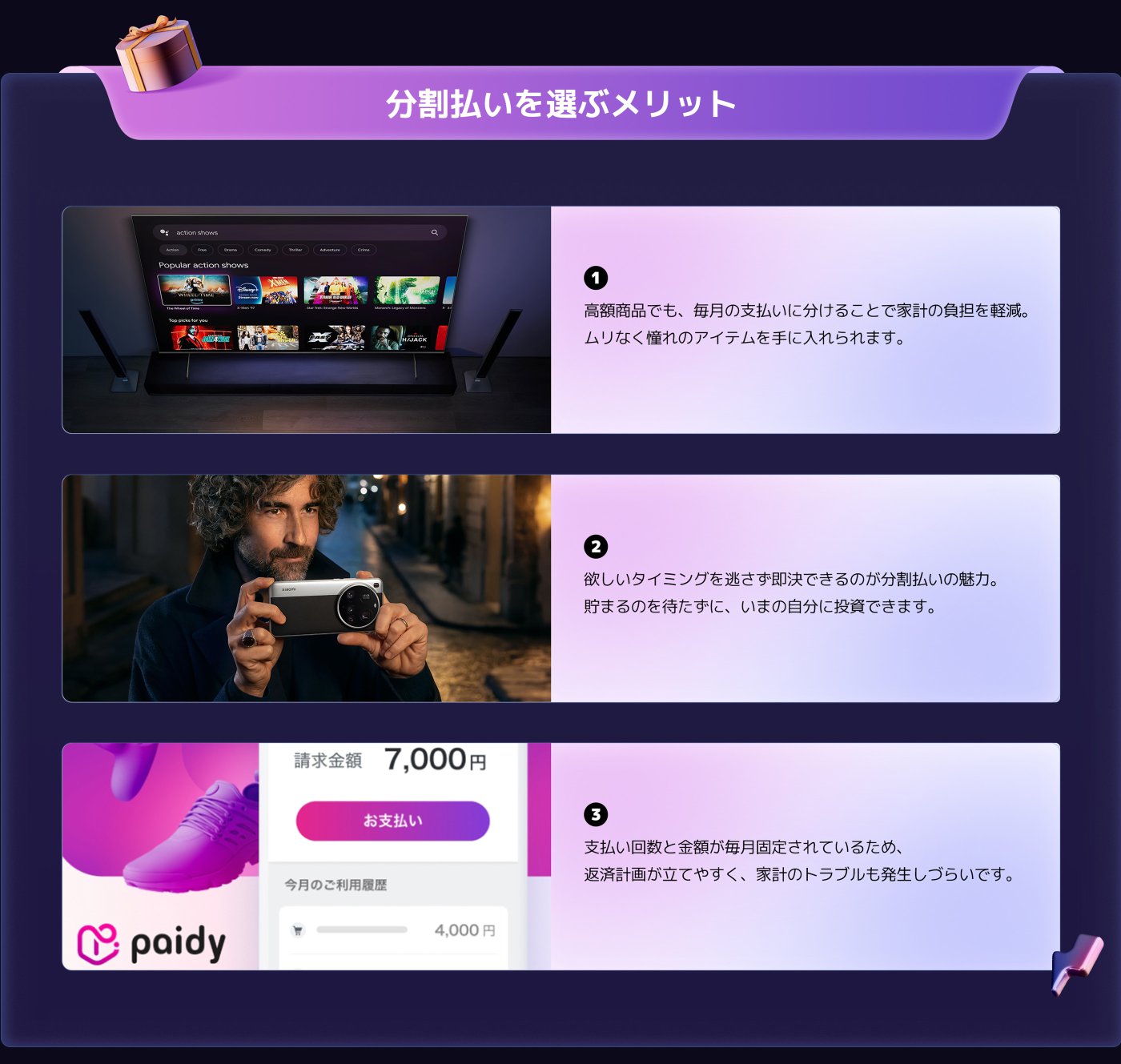 分割払いを選ぶメリットについての情報。包括了高価商品でも支払いを分けることで負担を軽減、欲しいものを手に入れるための魅力,以及定期的な支払いでトラブルを避ける。