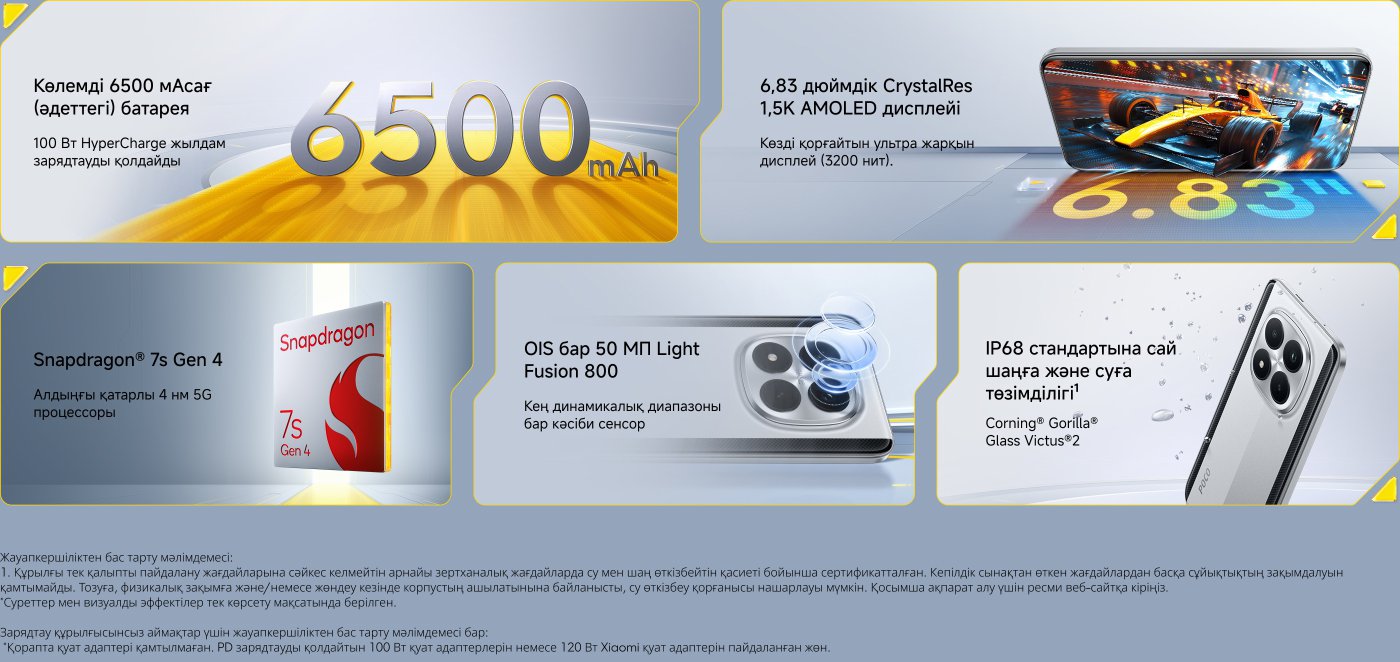 Представлены три модели телефона POCO M8 Pro 5G, цвета которых серебристый, синий и черный, фон представляет собой градиентный дизайн синих и желтых кругов. Текстовое описание: "POCO M8 Pro 5G, король развлечений в среднем сегменте."