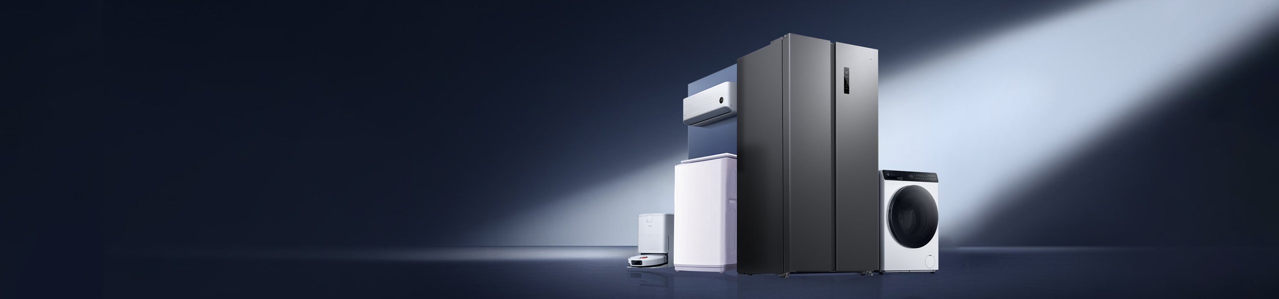 A display of modern household appliances, including a washing machine, refrigerator, air purifier, smart robotic vacuum cleaner, and air fryer, with a background of soft gradient colors.