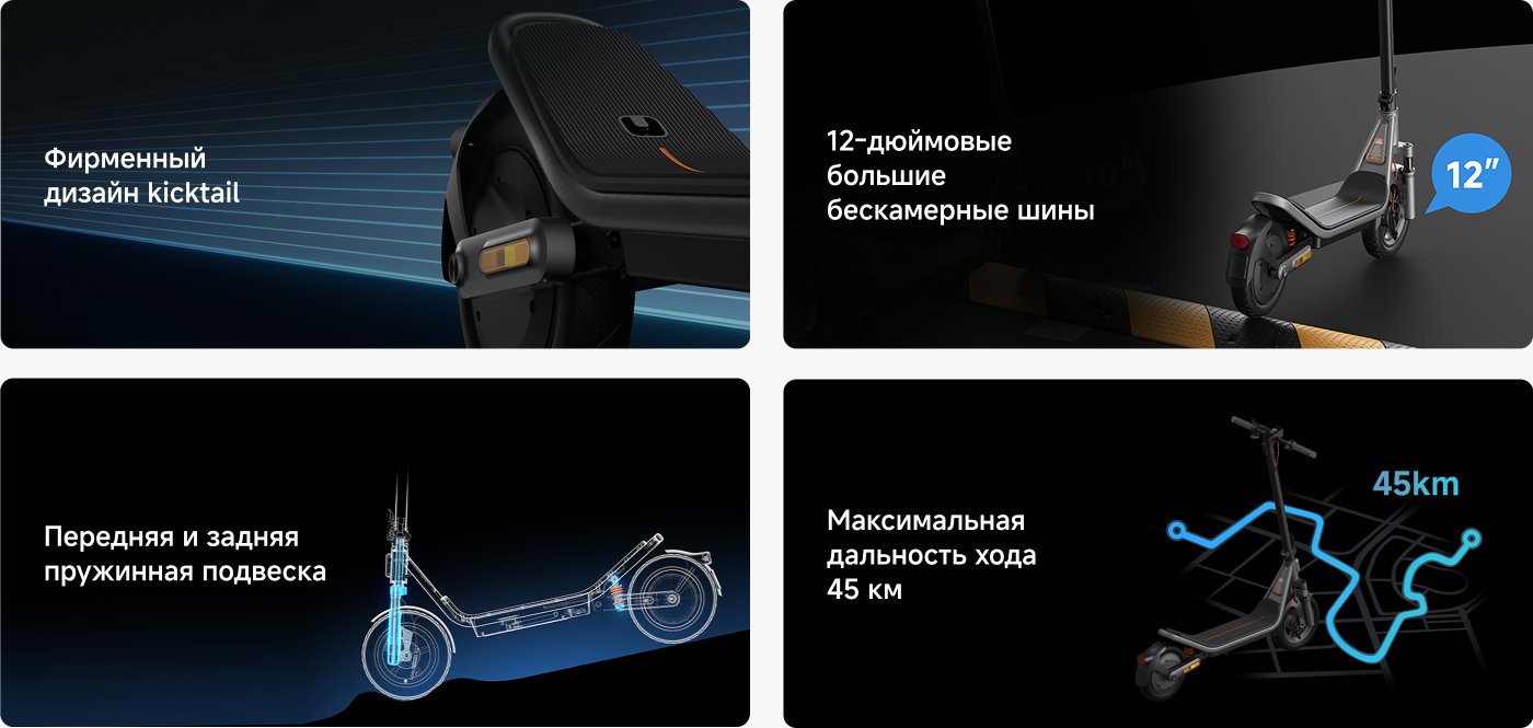 Изображение демонстрирует особенности электрического скейтборда. В верхнем левом углу описаны его 12-дюймовые всепогодные шины и двойная подвеска; в верхнем правом углу представлена мощность двигателя в 1200 ватт, который может разогнаться за 2,4 секунды; в нижнем левом углу упоминается, что запас хода скейтборда составляет 75 километров, а зарядка на 30 километров занимает 1 час; в нижнем правом углу показан стильный дизайн "молния-желтый" и его трехвостковый дисплей.